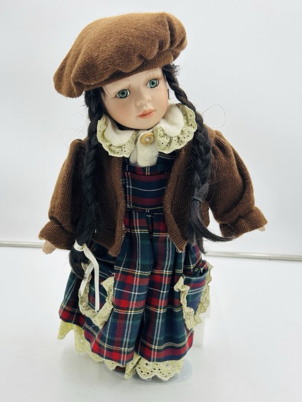 Angelina Collection Porcelain 16" Doll Stand Plaid Ruffled Dress Sweater Hat